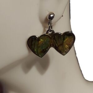 Double Heart Mother of Pearl on Metal Backing Metal Pierced Earrings 1/2"